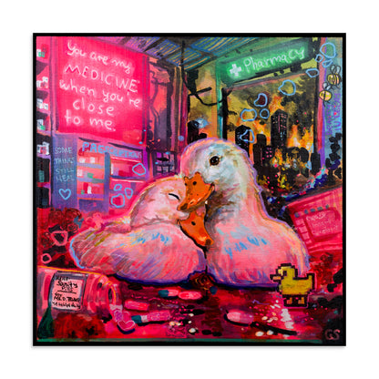You Are My Medicine poster by Paintranger, two white ducks cuddling in a neon pink pharmacy while the city burns outside, Candy Decay art