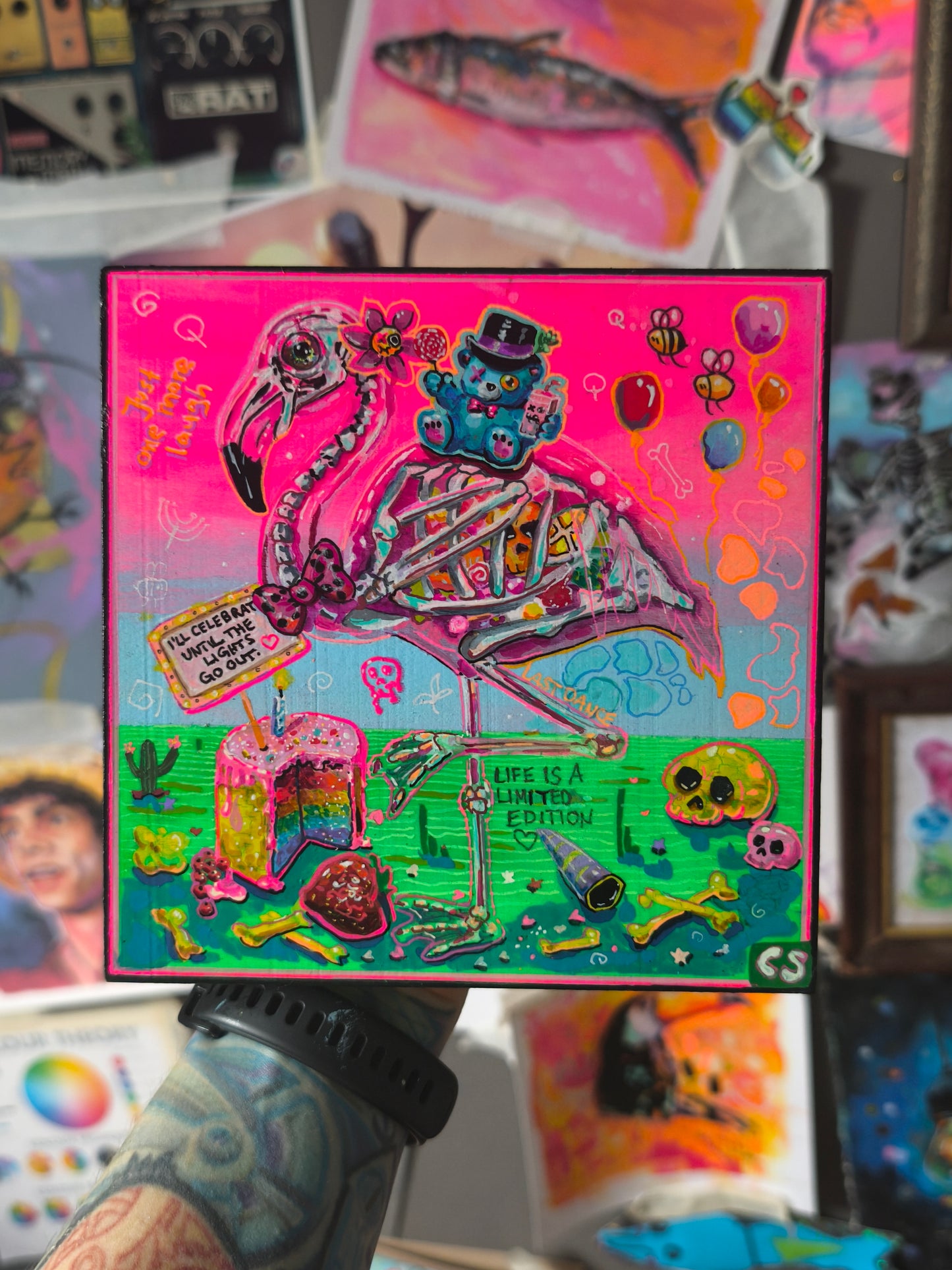 Surreal skeleton flamingo original artwork in Candy Decay style by Paintranger, colorful cute creepy painting on wood panel about celebration, life and impermanence