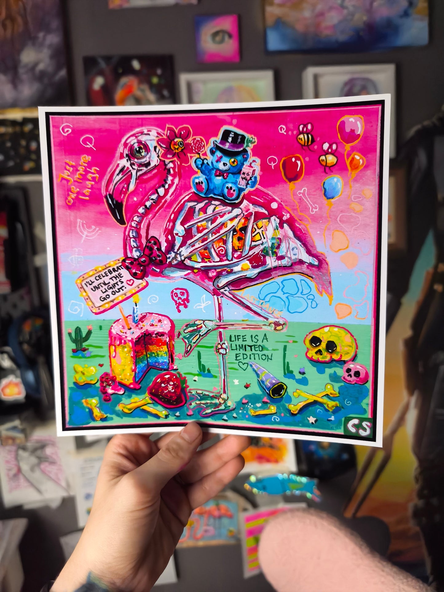 Colorful surreal skeleton flamingo art print in Candy Decay style by Paintranger, cute creepy animal artwork about life and impermanence