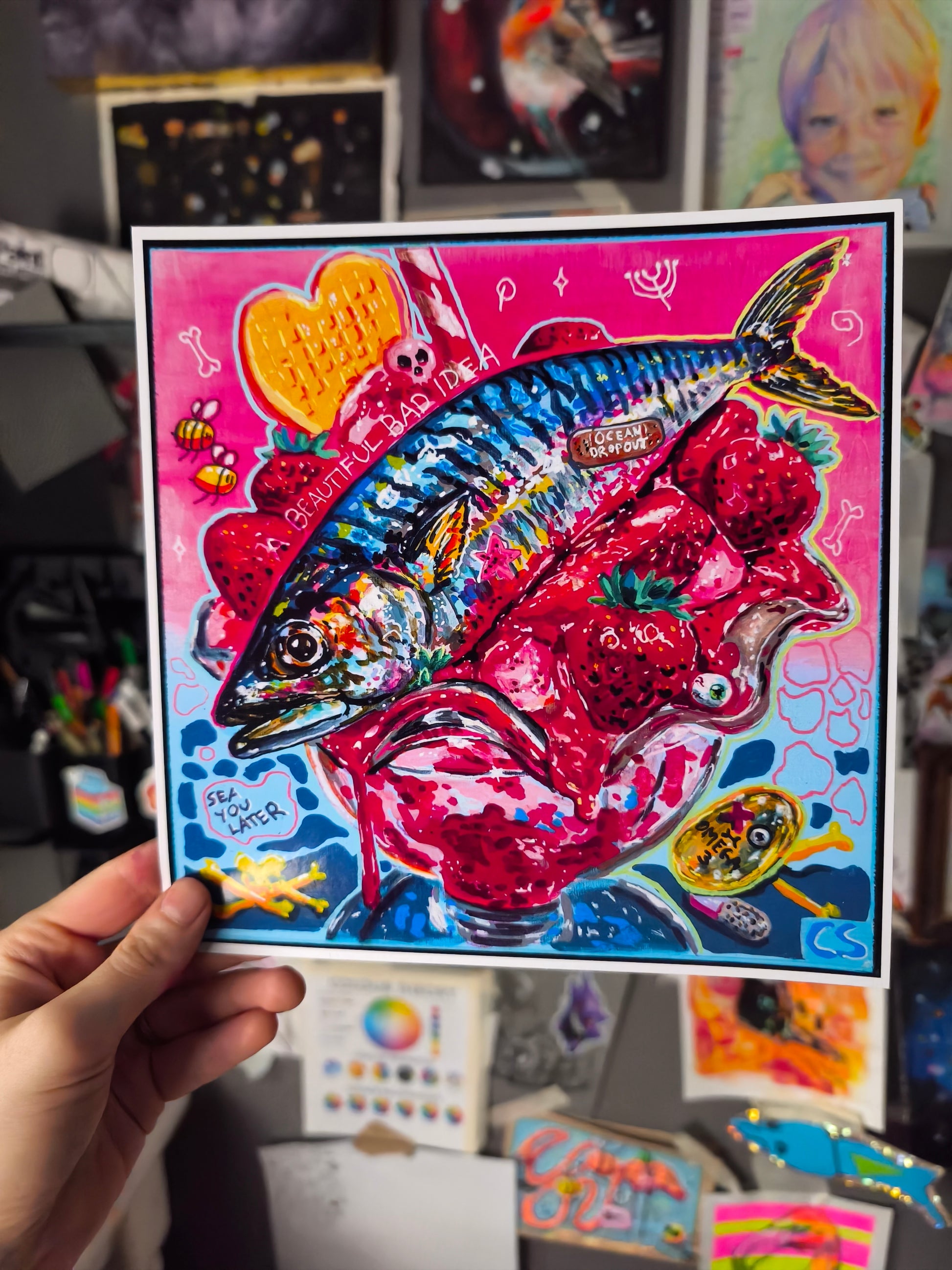 Surreal fish ice cream art print in Candy Decay style by Paintranger, colorful cute creepy mackerel artwork with strawberry dessert details