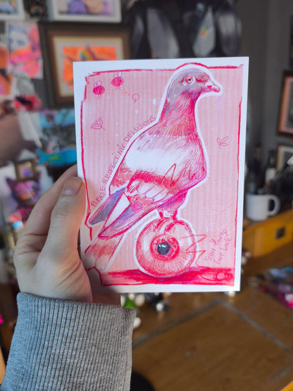 Living Room Studies No. 1 postcard by Paintranger, showing a pink pigeon standing on an eyeball