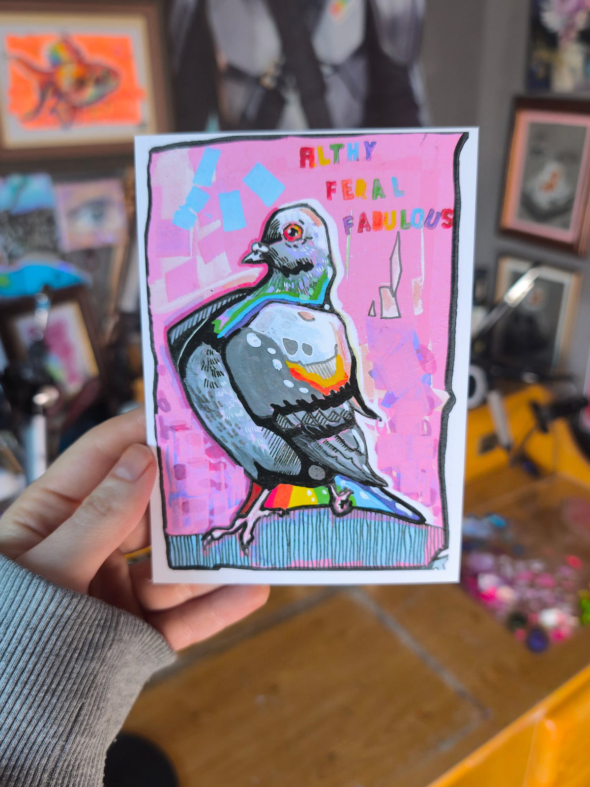 Living Room Studies No. 2 postcard by Paintranger, showing a pigeon against a pink background and the words Filthy Feral Fabulous