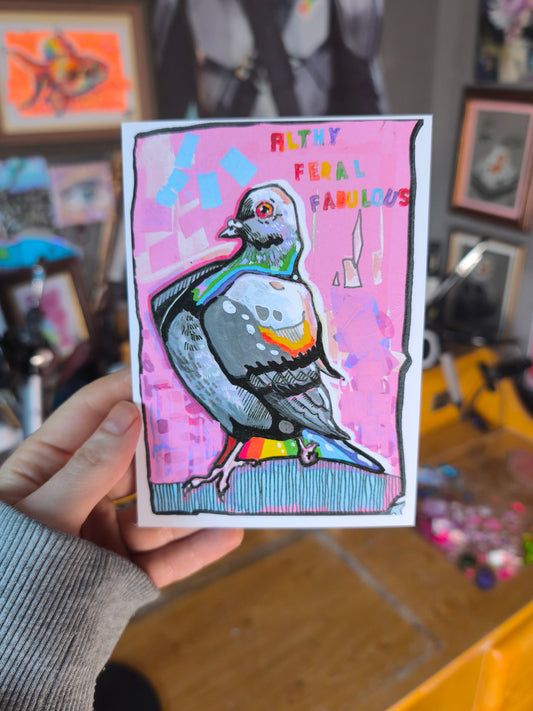 Living Room Studies No. 2 postcard by Paintranger, showing a pigeon against a pink background and the words Filthy Feral Fabulous