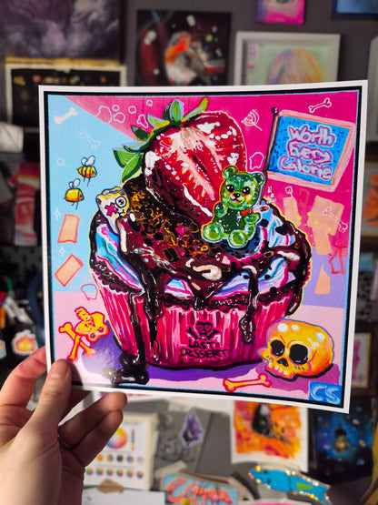 Cute creepy skull cupcake art print in Candy Decay style by Paintranger, colorful surreal dessert artwork with smoking gummy bear and dark cute details
