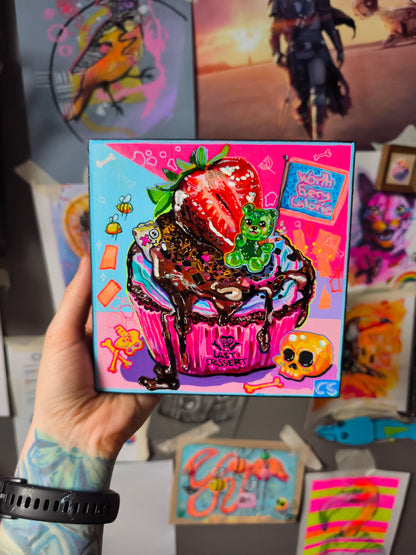 Cute creepy skull cupcake original artwork in Candy Decay style by Paintranger, colorful surreal dessert painting on wood panel with smoking gummy bear and dark cute details
