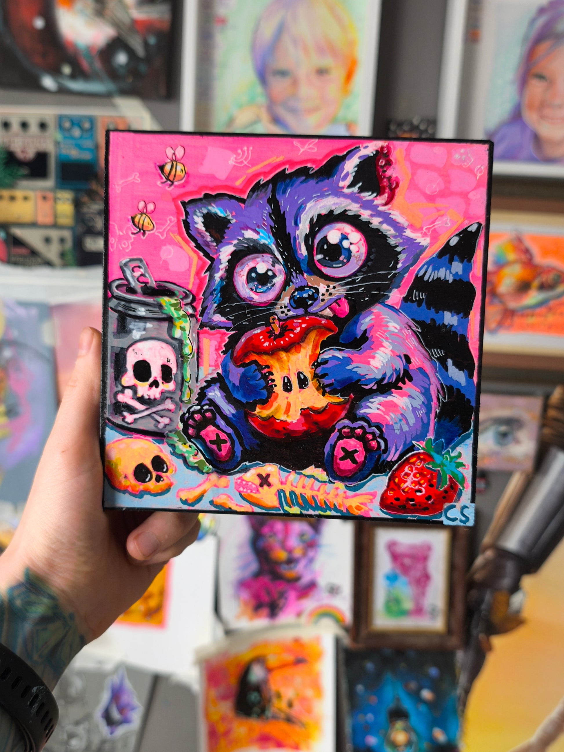 Surreal raccoon original artwork in Candy Decay style by Paintranger, colorful cute creepy animal painting about scavenging, sweetness and decay