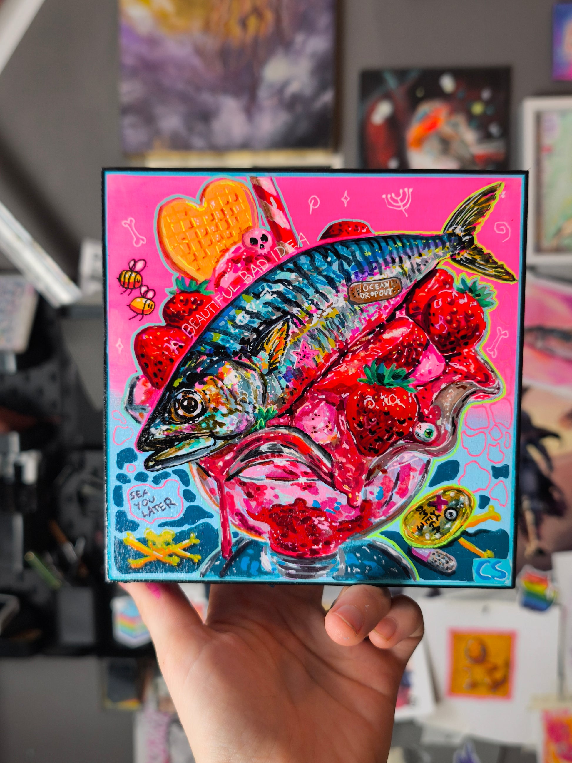 Surreal fish ice cream original artwork in Candy Decay style by Paintranger, colorful cute creepy mackerel painting on wood panel with strawberry dessert details