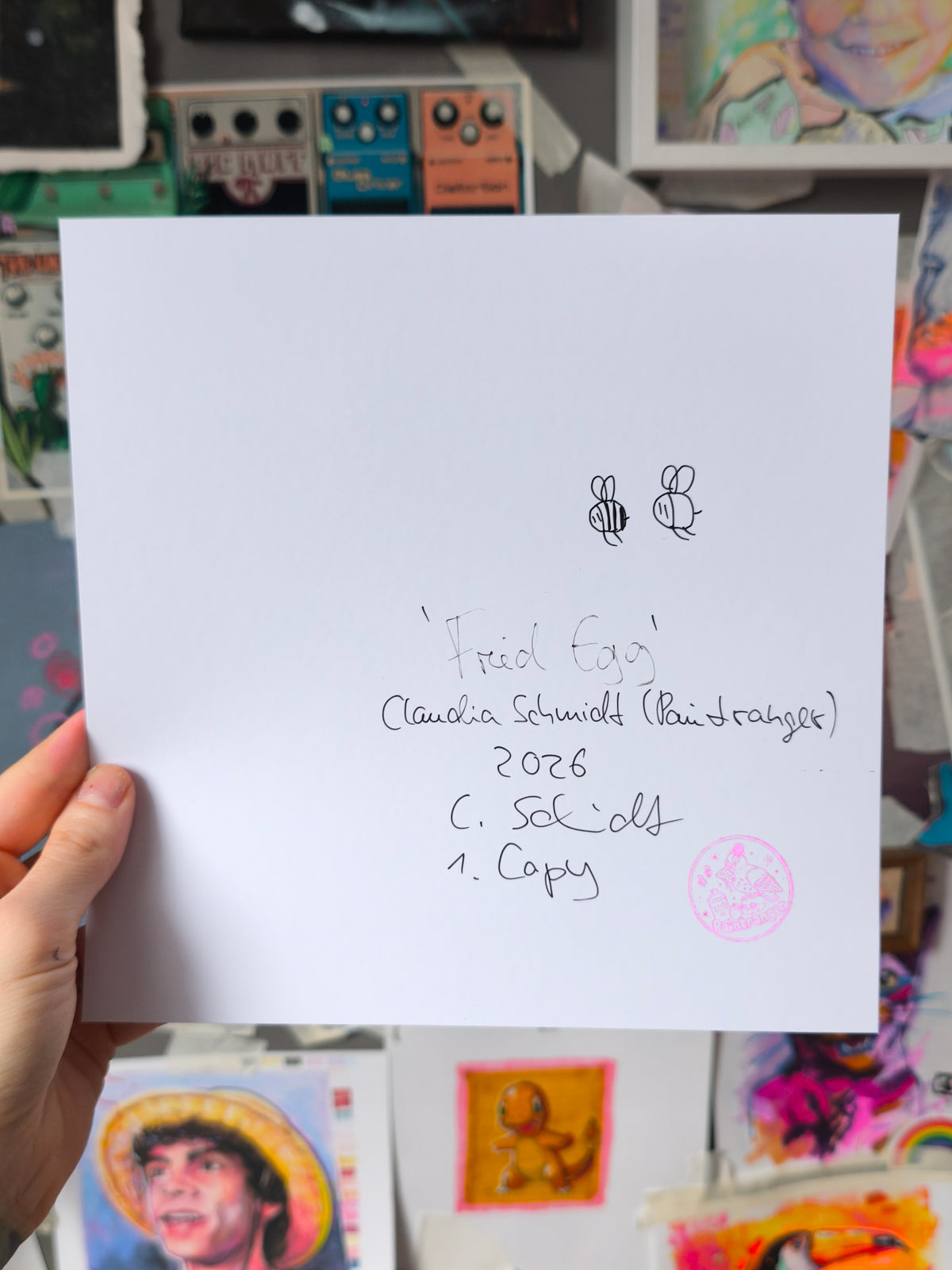 Rückseite des Fried Egg handsignierten Kunstdrucks mit Signatur, Auflagennummer und geprägtem Paintranger-Stempel