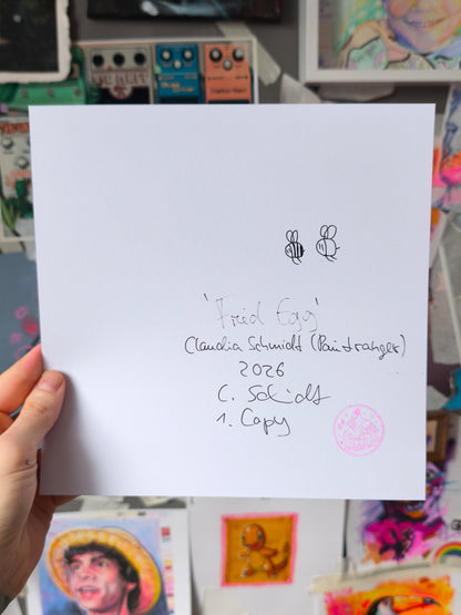 Rückseite des Fried Egg handsignierten Kunstdrucks mit Signatur, Auflagennummer und geprägtem Paintranger-Stempel