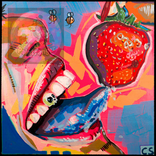 Strawberry and Tongue printable art by Paintranger with a surreal mouth, tongue and bright strawberry in vivid Candy Decay color.