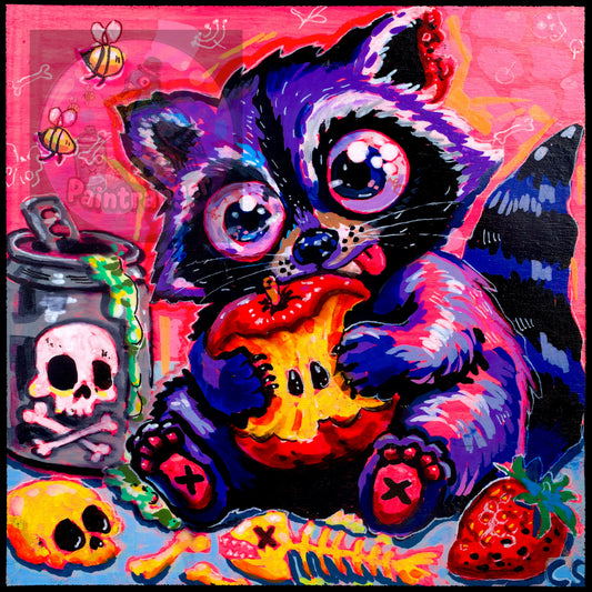 Sugar and Scavenging printable art by Paintranger with a wide-eyed raccoon and colorful objects on a neon pink background.