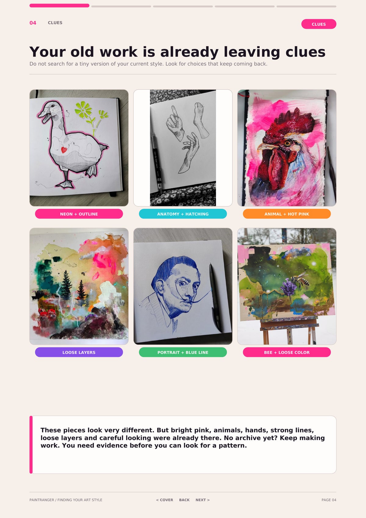 Full sample page 4 from The Strangest Guide to Finding Your Art Style, showing clues in Paintranger's early artwork.