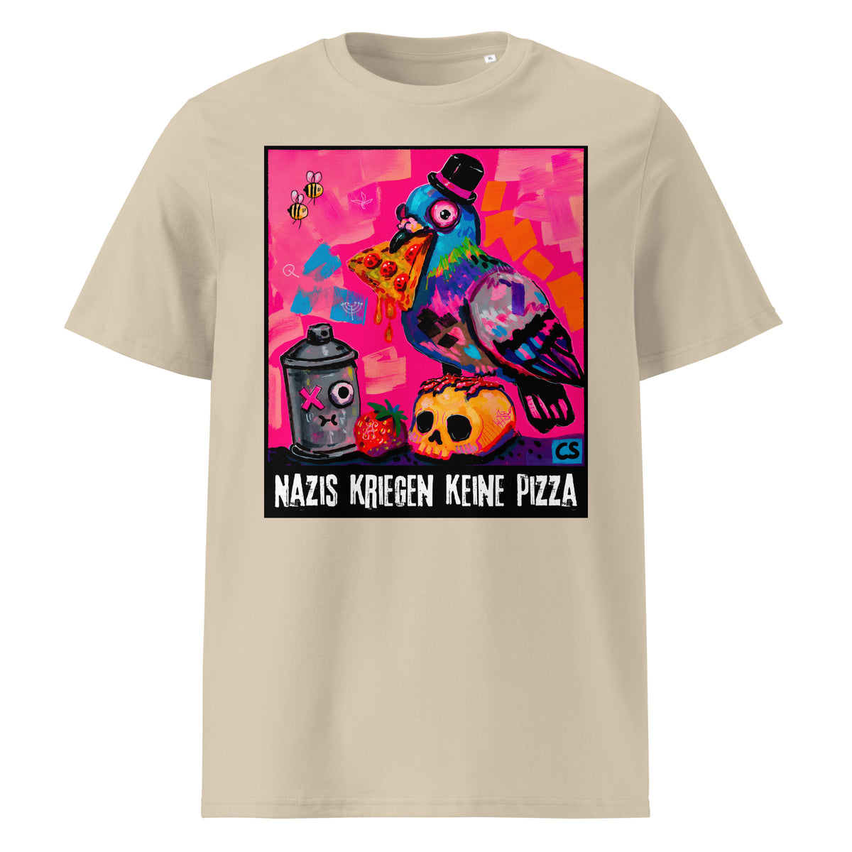 Keine Pizza für Nazis T-Shirt in Desert Dust – Vorderansicht