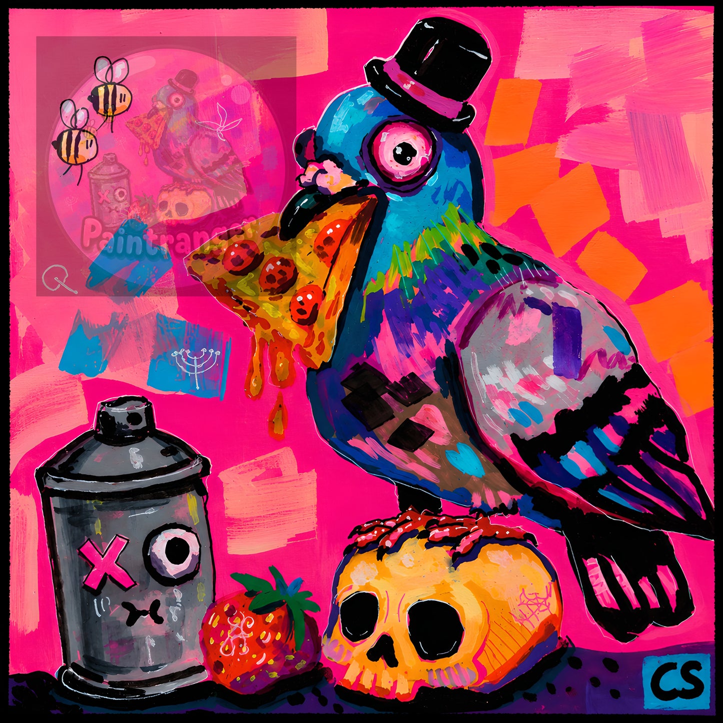 Weird Pigeon printable art by Paintranger with a top-hat pigeon, pizza, pumpkin and trash can on a neon pink background.